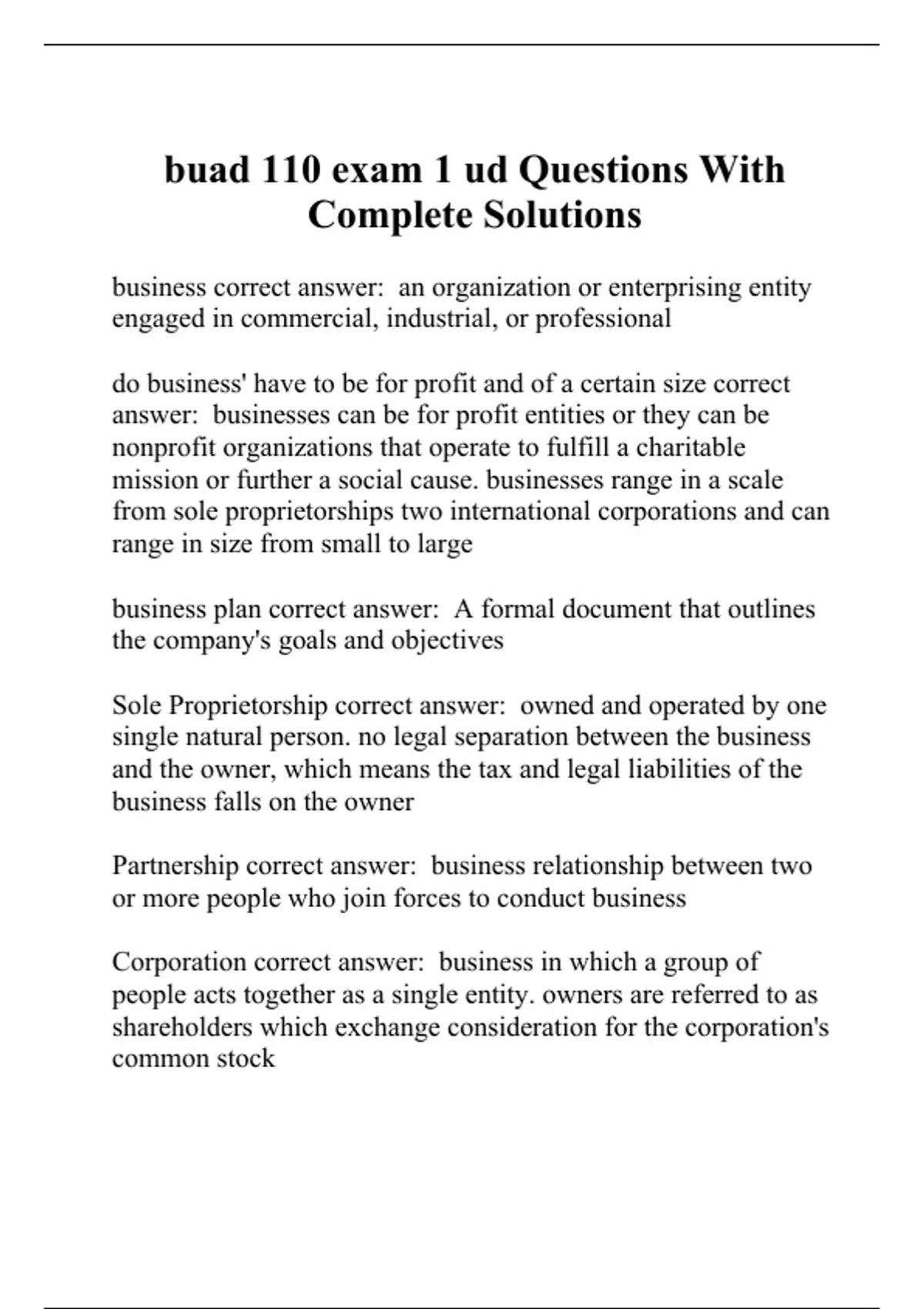 buad 110 exam 1 ud Questions With Complete Solutions - Buad 110 - Stuvia US