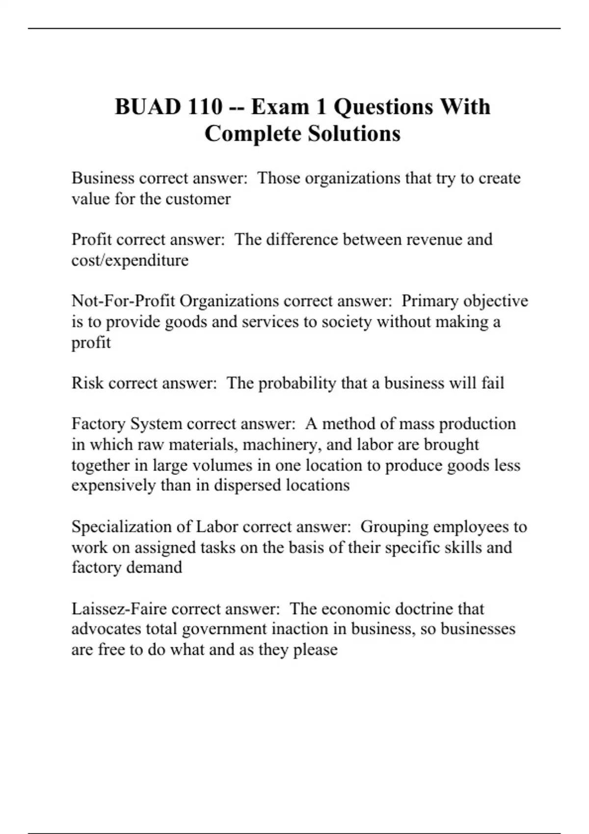 BUAD 110 -- Exam 1 Questions With Complete Solutions - BUAD 110 - Stuvia US