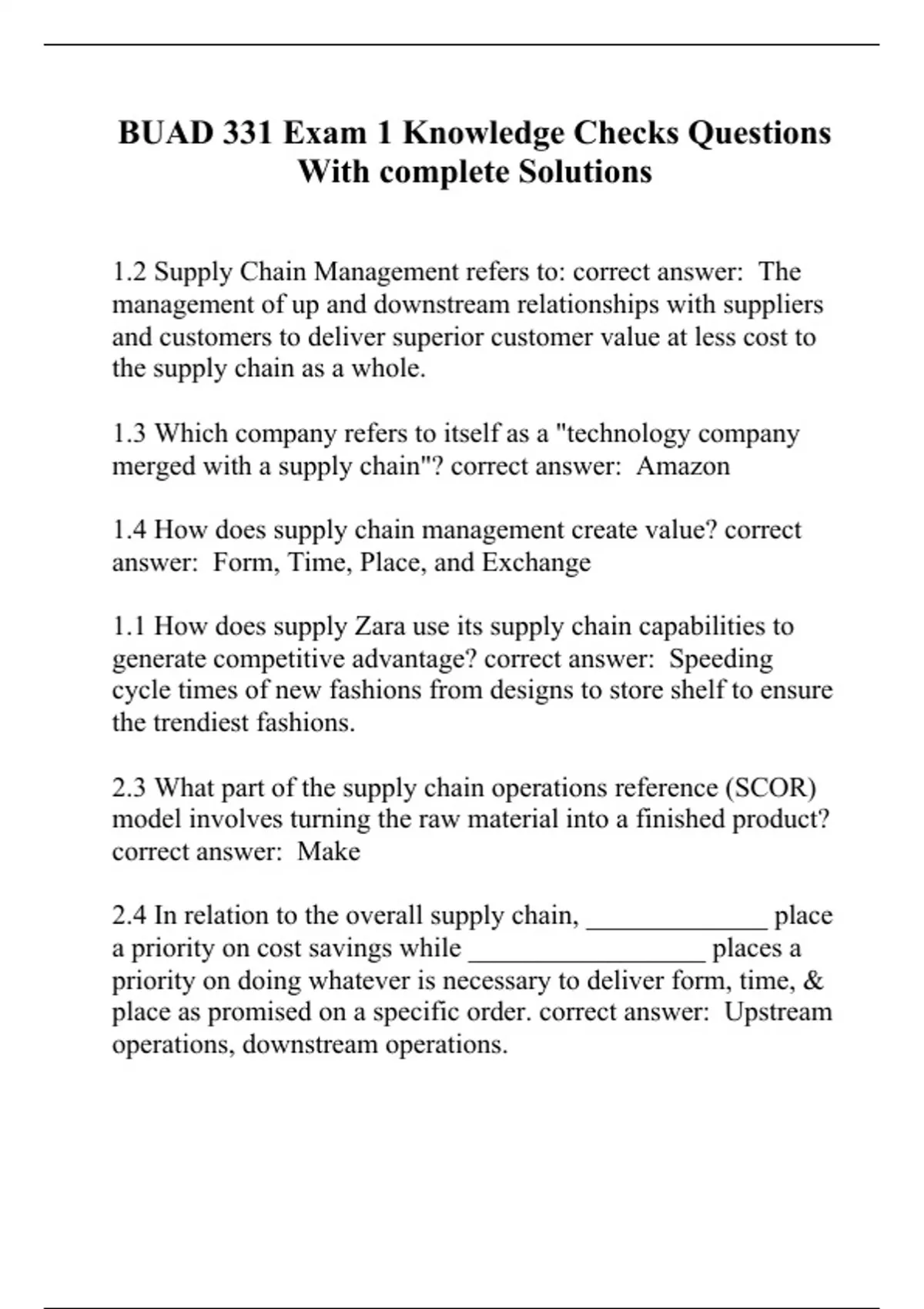 BUAD 331 Exam 1 Knowledge Checks Questions With complete Solutions ...