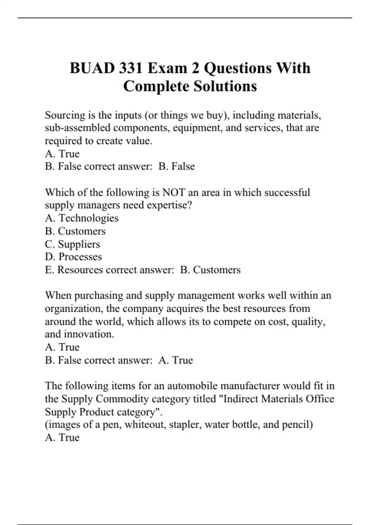 BUAD 331 Exam 2 Questions With Complete Solutions - BUAD 331 - Stuvia US