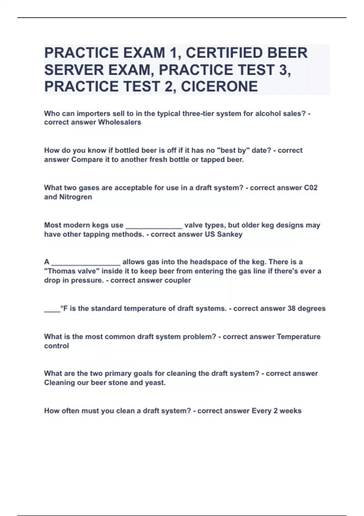 PRACTICE EXAM 1, CERTIFIED BEER SERVER EXAM, PRACTICE TEST 3, PRACTICE