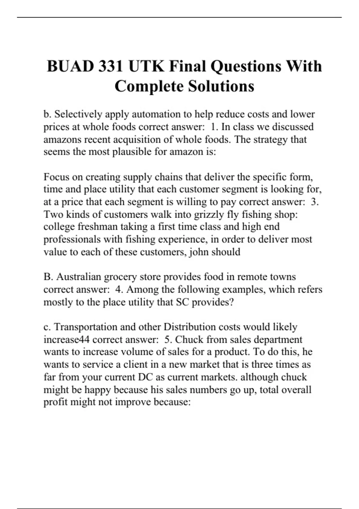 BUAD 331 UTK Final Questions With Complete Solutions - BUAD 331 - Stuvia US