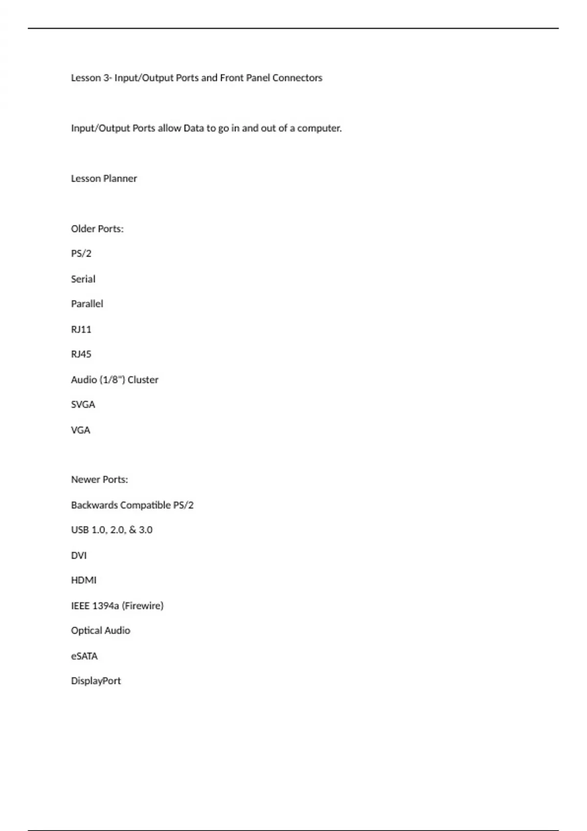 CompTIA A+ Lesson 3 Input&Output Ports and Front Panel Connectors