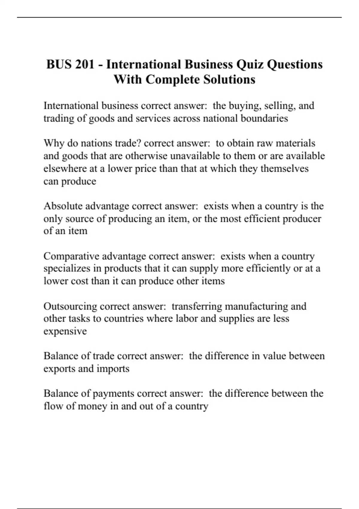 BUS 201 - International Business Quiz Questions With Complete Solutions ...