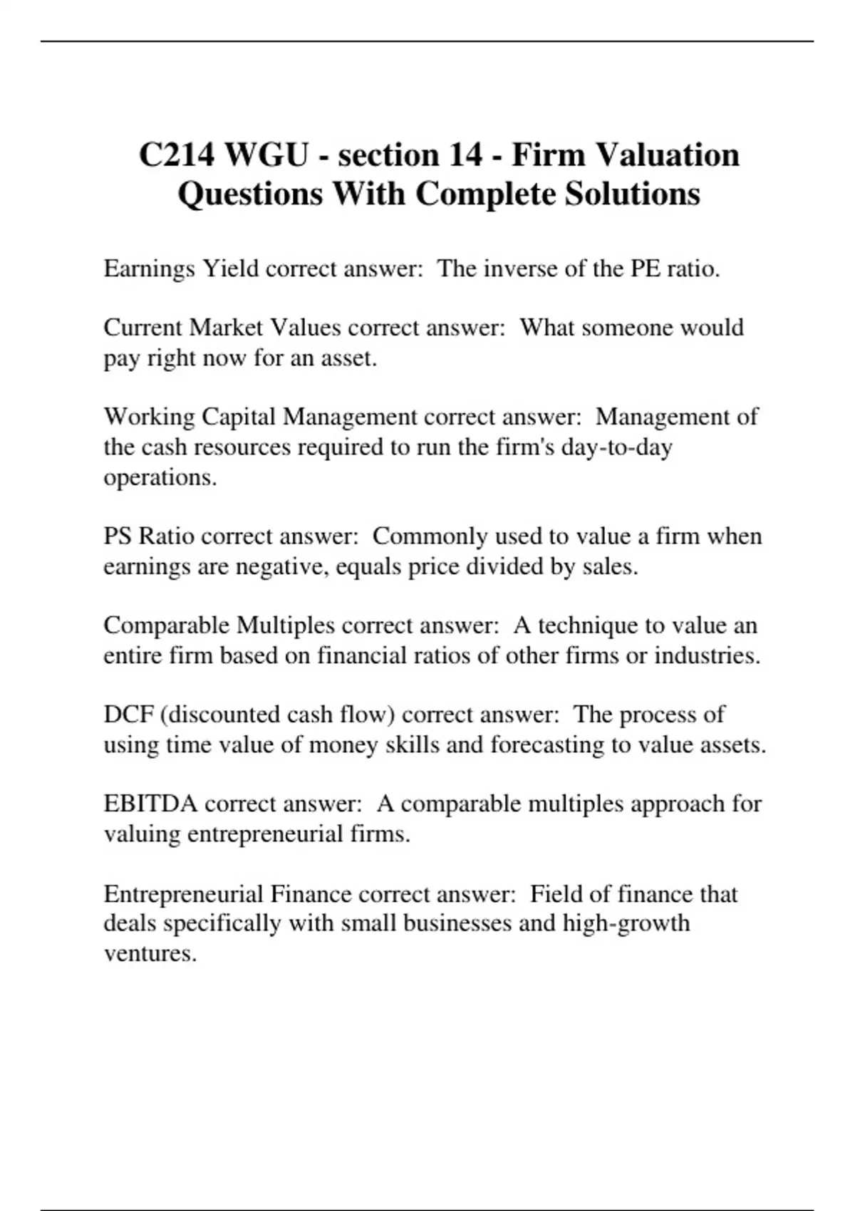 C214 WGU - section 14 - Firm Valuation Questions With Complete ...