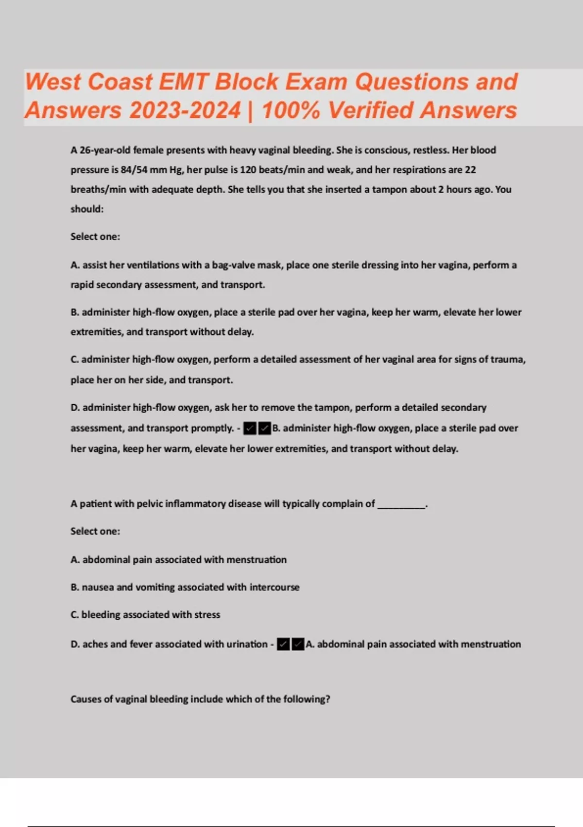 West Coast EMT Block Exam Questions and Answers 100 Verified Answers