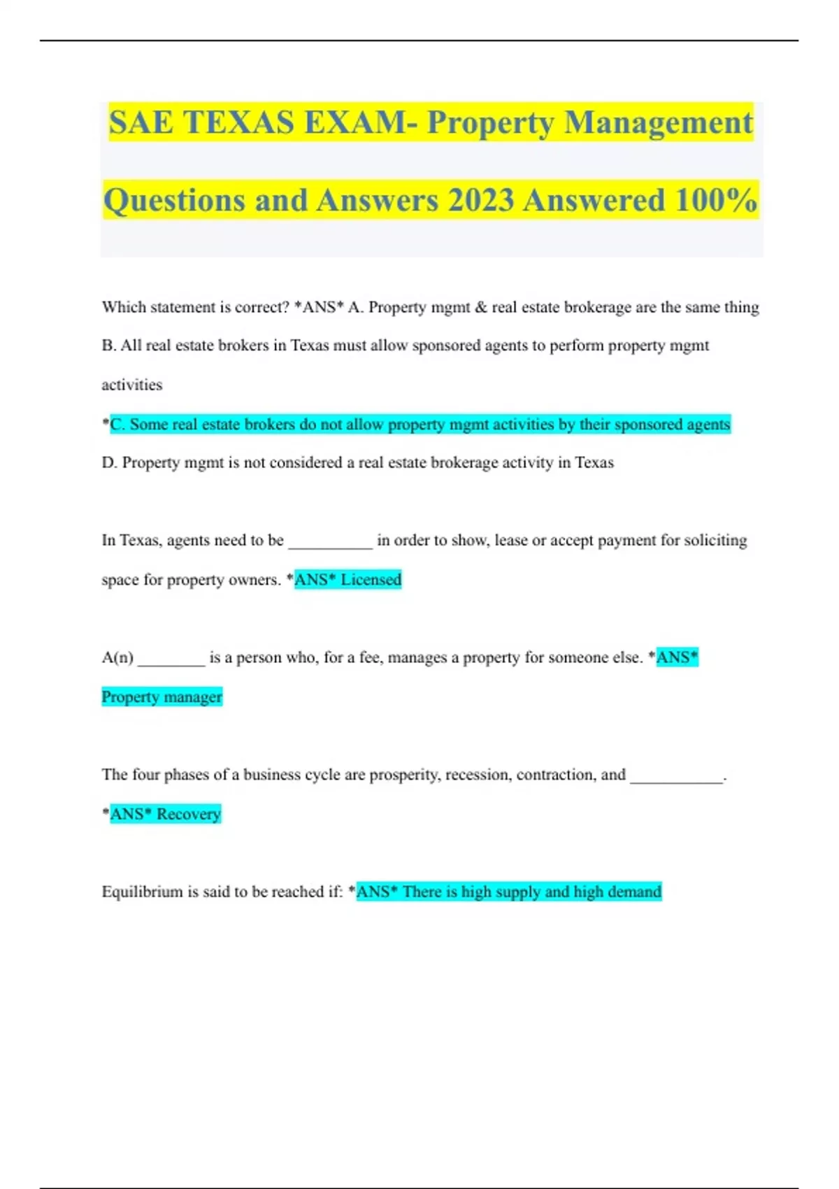 SAE TEXAS EXAM Property Management Questions and Answers 2023 Answered