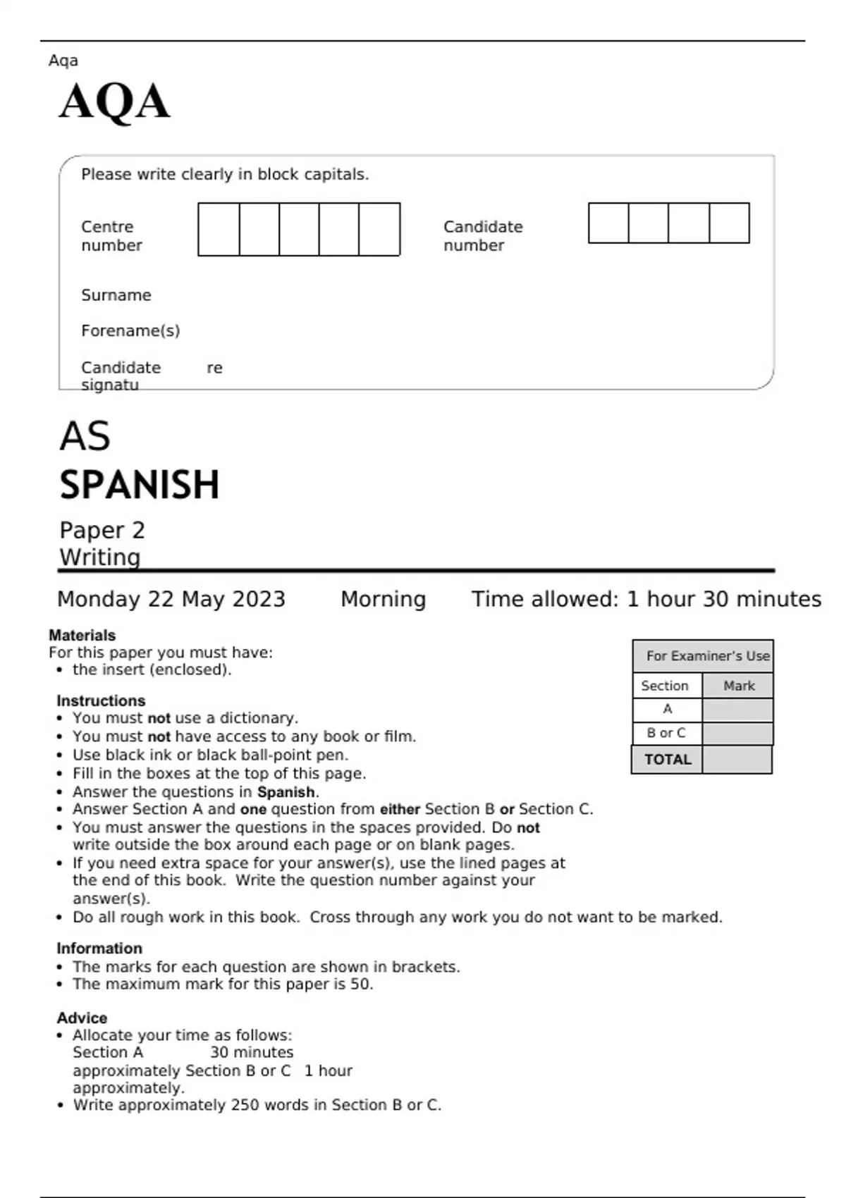 AQA AS SPANISH Paper 1 and 2 MAY 2023 QUESTION PAPERS Stuvia US