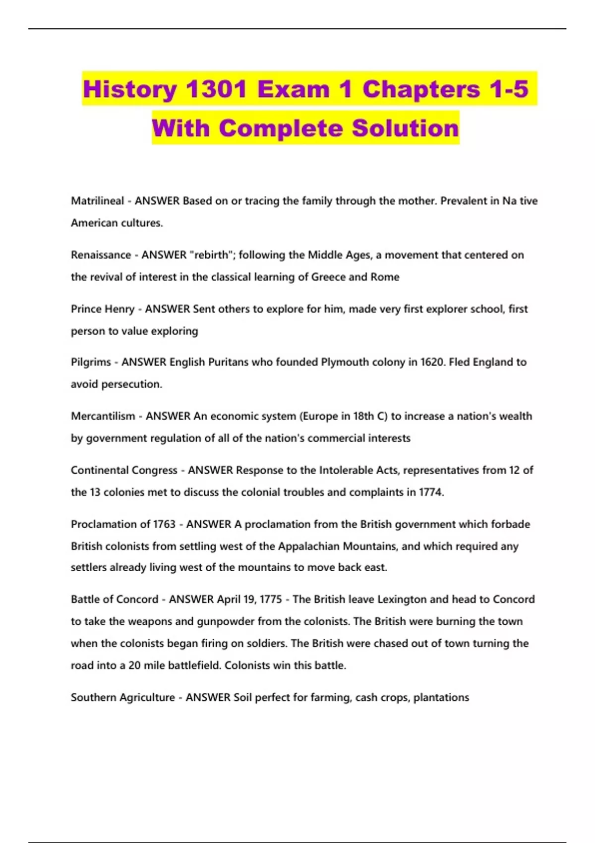 History 1301 Exam 1 Chapters 1-5 With Complete Solution - History 1301 ...