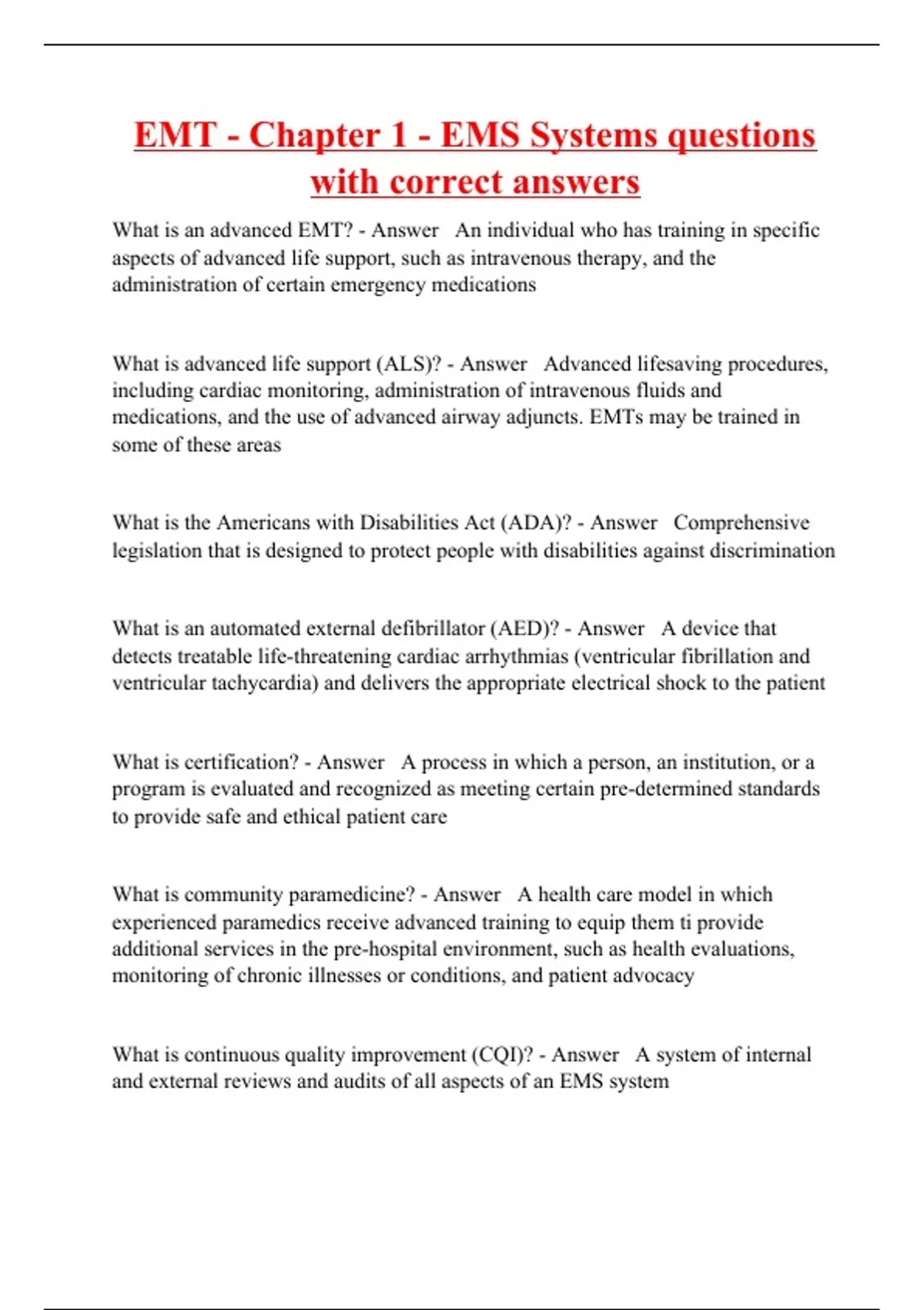 EMT Chapter 1 EMS Systems questions with correct answers EMS