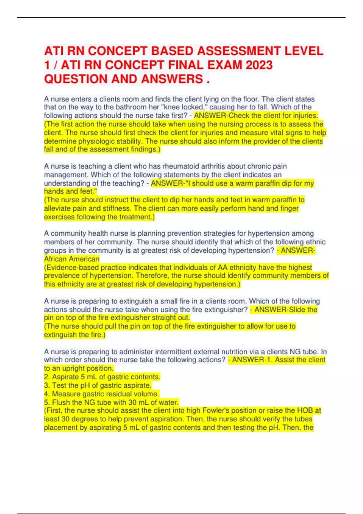 ATI RN CONCEPT BASED ASSESSMENT LEVEL 1 / ATI RN CONCEPT FINAL EXAM ...