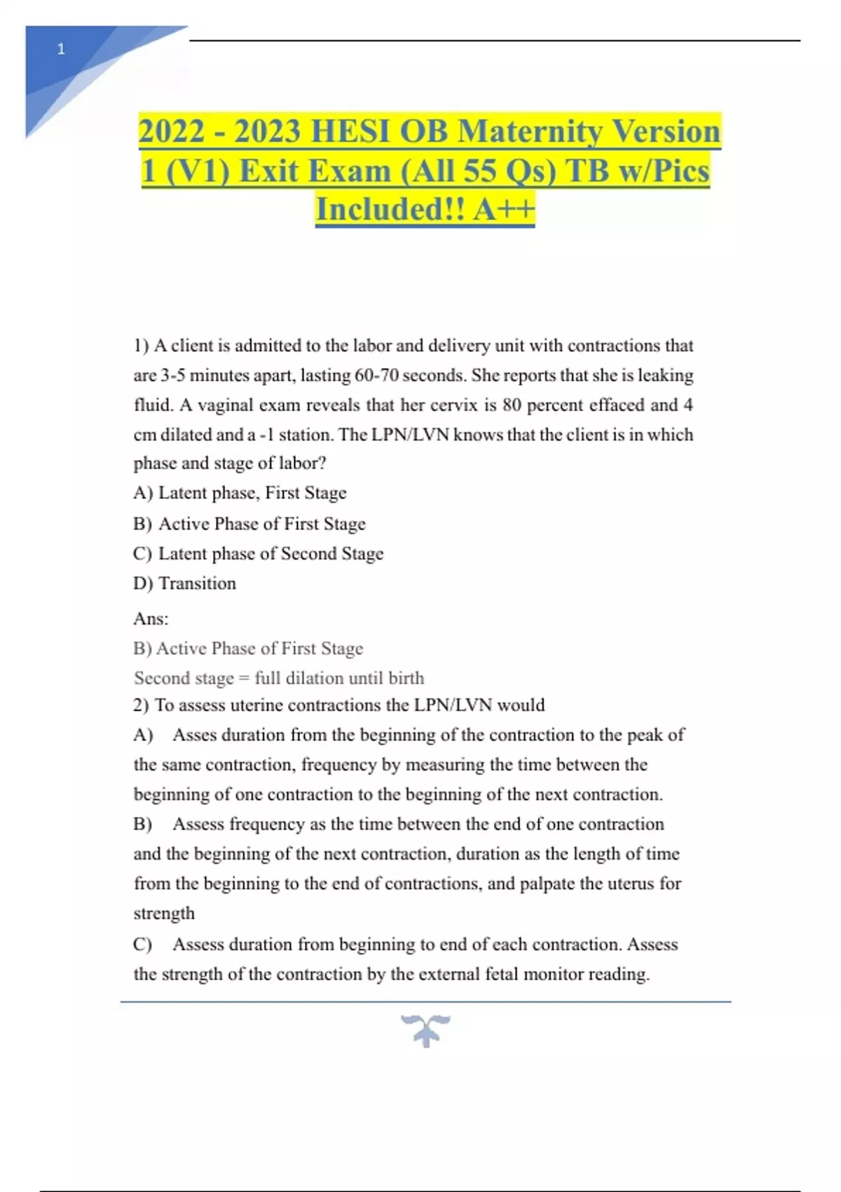 HESI OB Maternity Version 1 (V1) Exit Exam (All 55 Qs) TB w/Pics ...