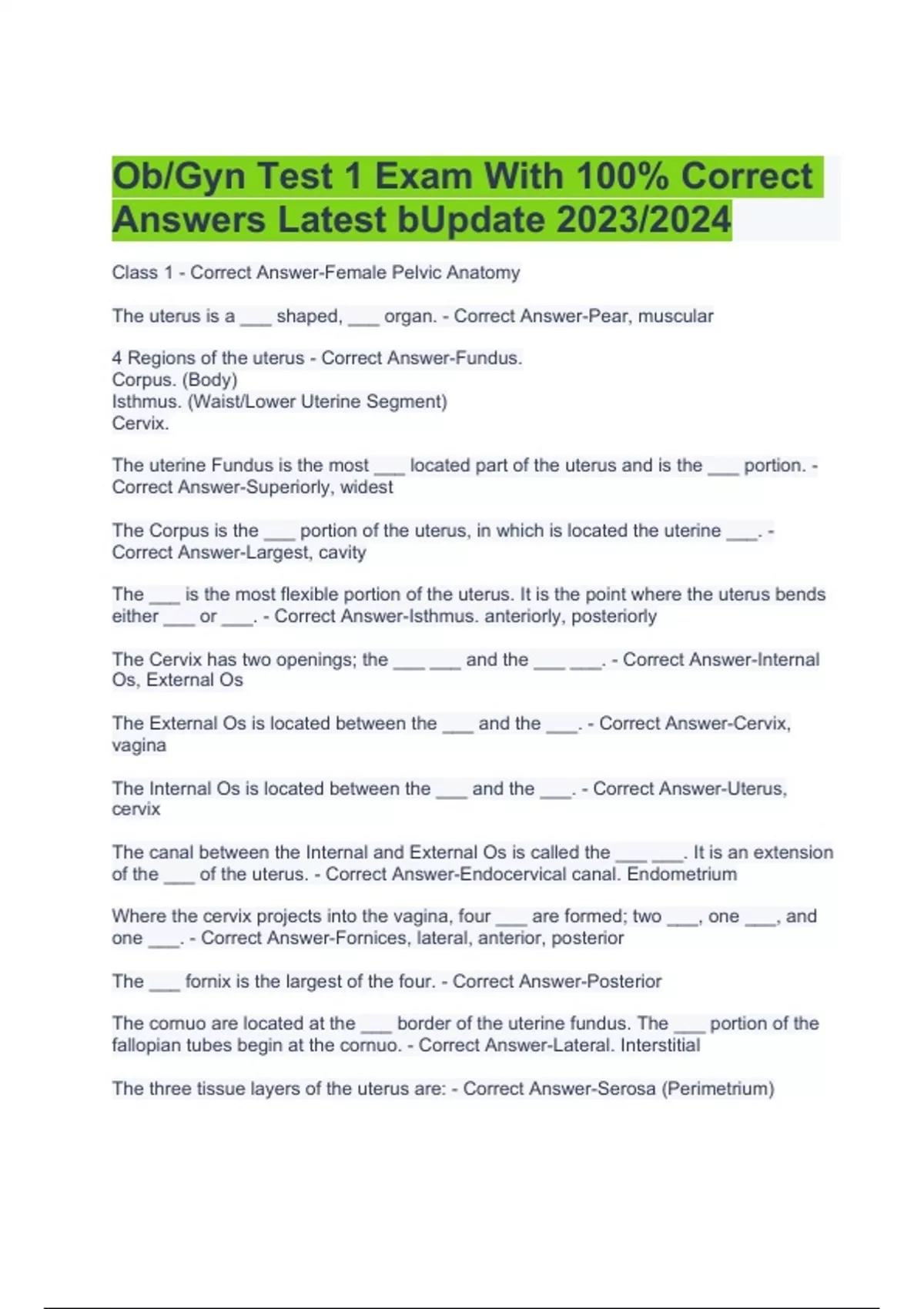 Ob/Gyn Test 1 Exam With 100% Correct Answers Latest Update 2023/2024 ...