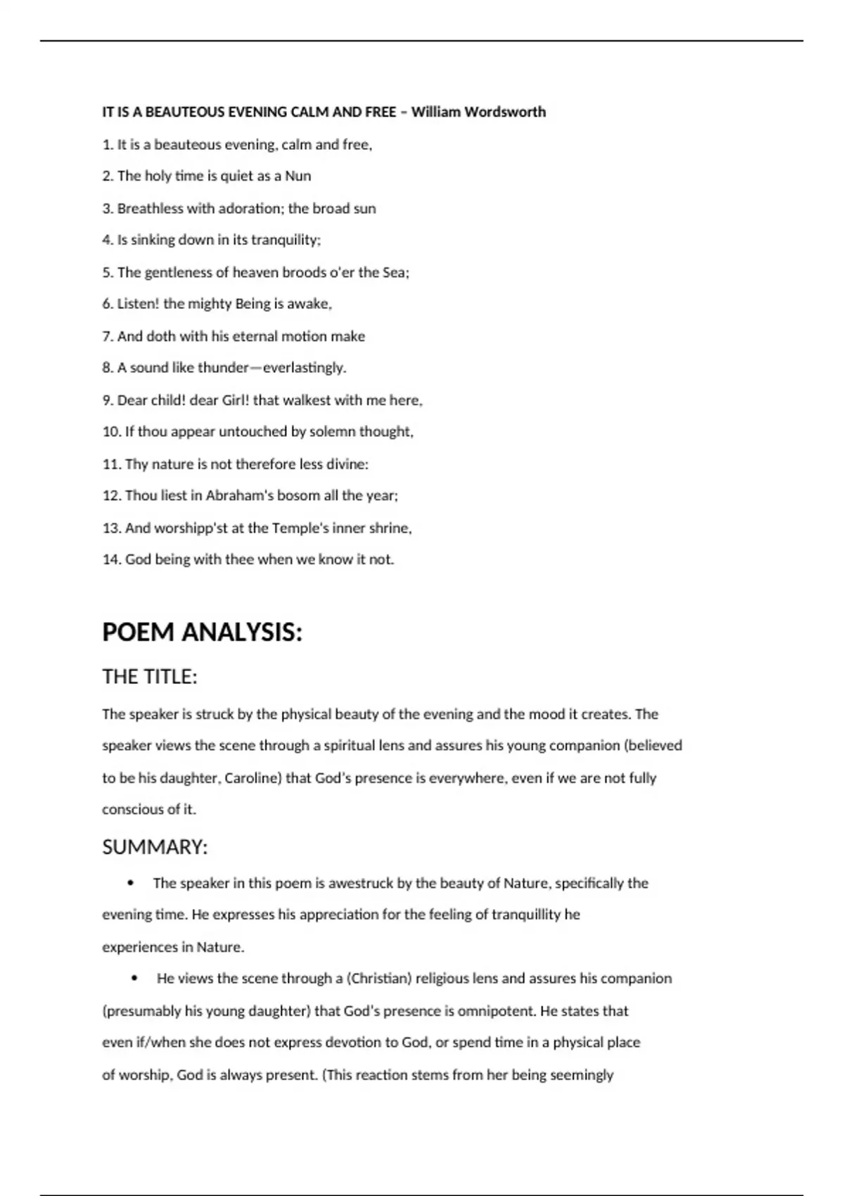 Summary IT IS A BEAUTEOUS EVENING CALM AND FREE Poem analysis gr 12