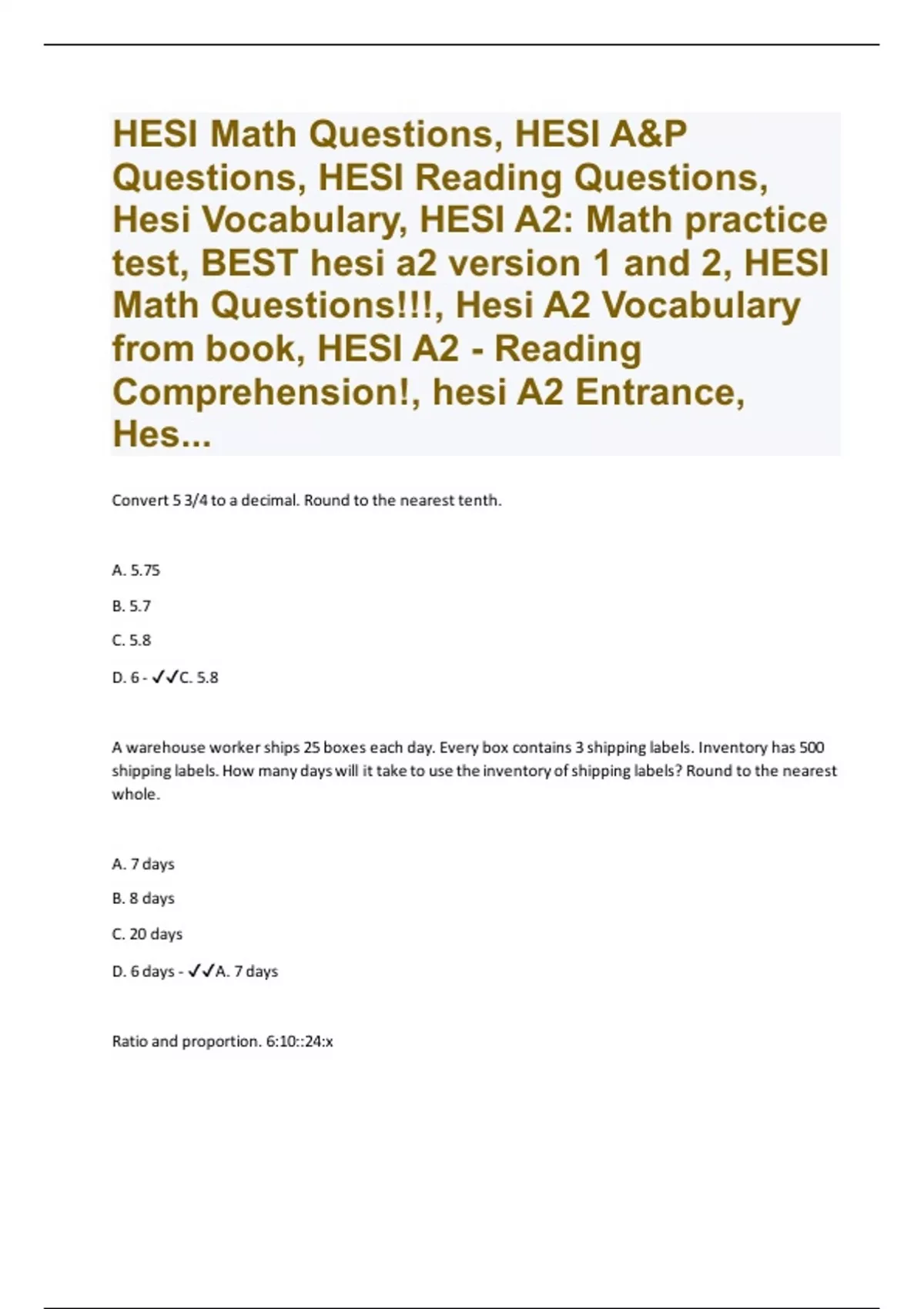 HESI Math Questions, HESI A&P Questions, HESI Reading Questions, Hesi Vocabulary, HESI A2 Math