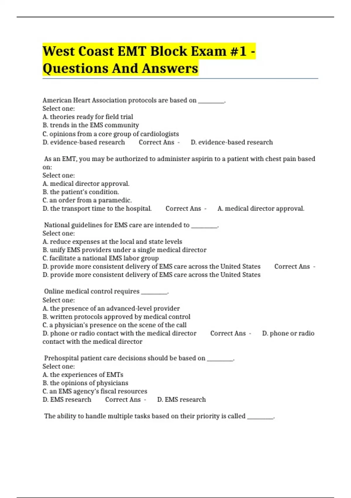 West Coast EMT Block Exam 1 Questions And Answers West Coast EMT Block Stuvia US