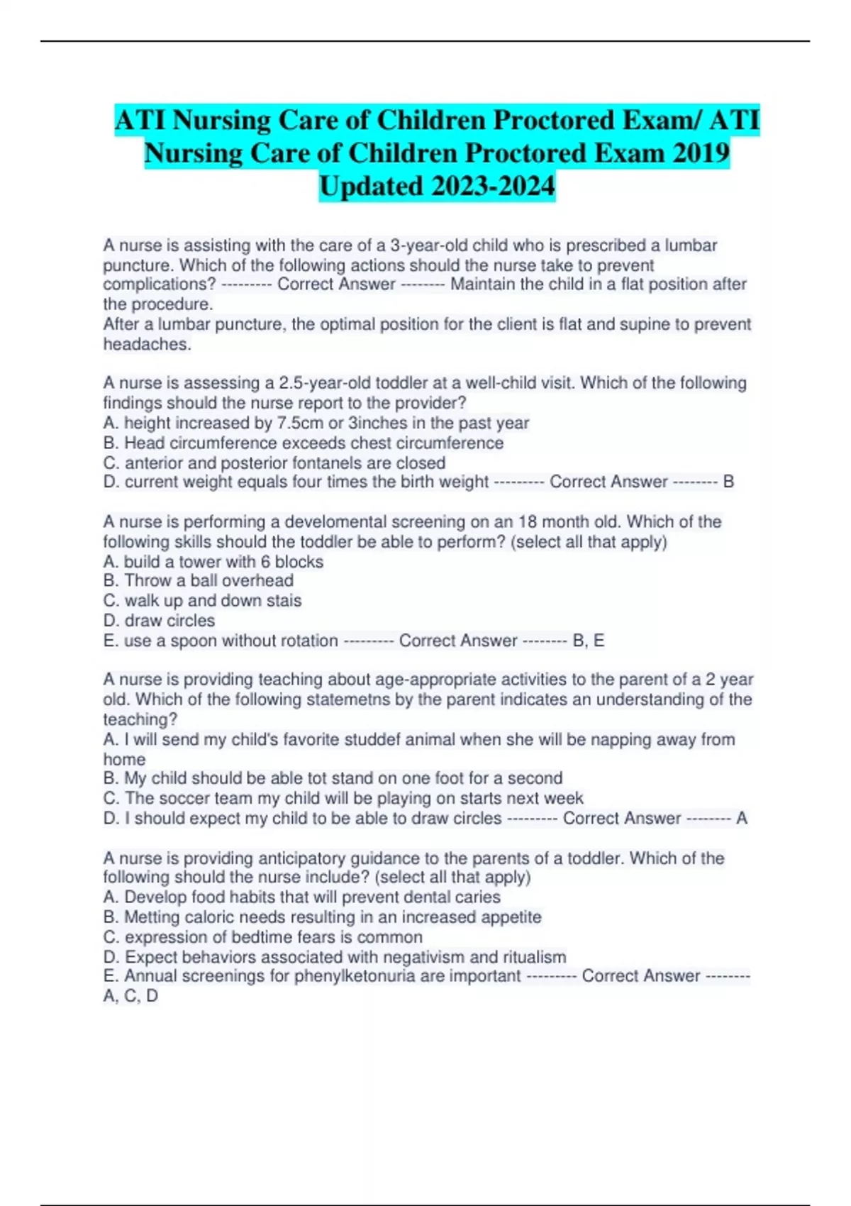 ATI Nursing Care of Children Proctored Exam/ ATI Nursing Care of Children Proctored Exam 2019 ...