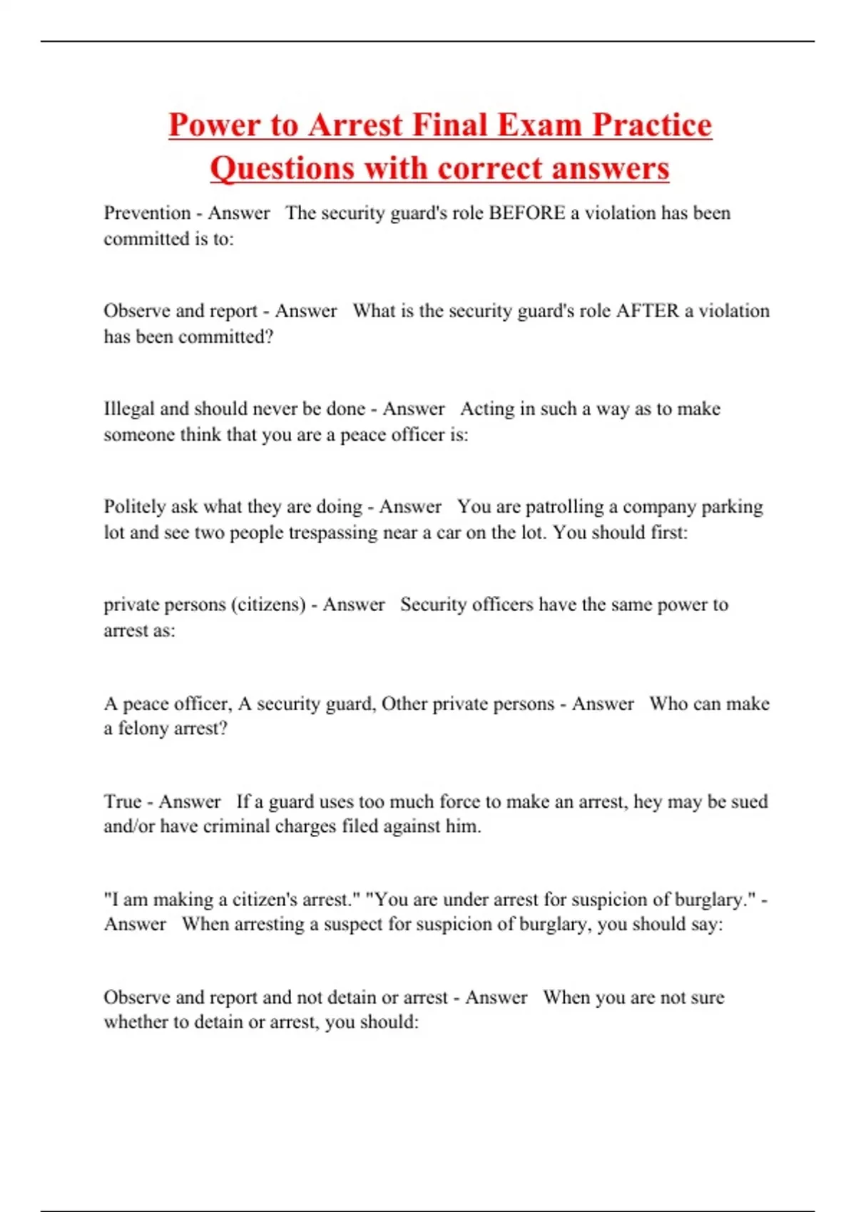 Power to Arrest Final Exam Practice Questions with correct answers