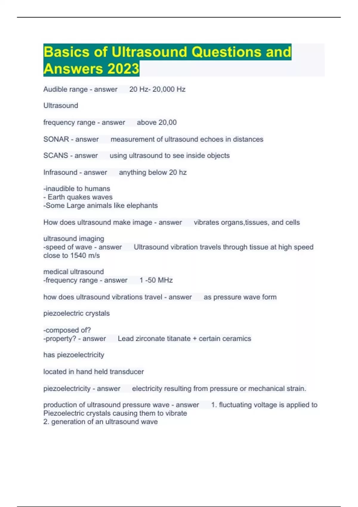 Basics of Ultrasound Questions and Answers 2023 - ULTRASOUND - Stuvia US
