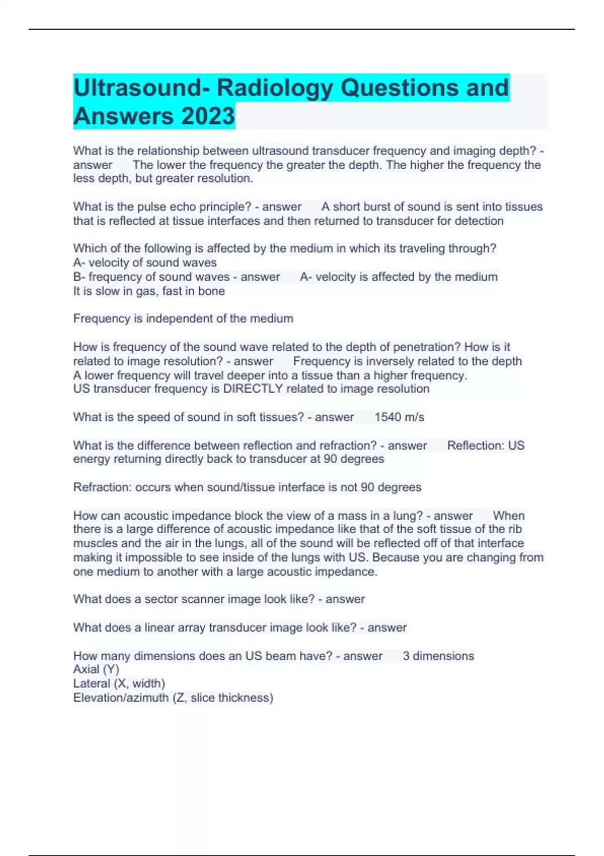 Ultrasound Radiology Questions and Answers 2023 ULTRASOUND Stuvia US