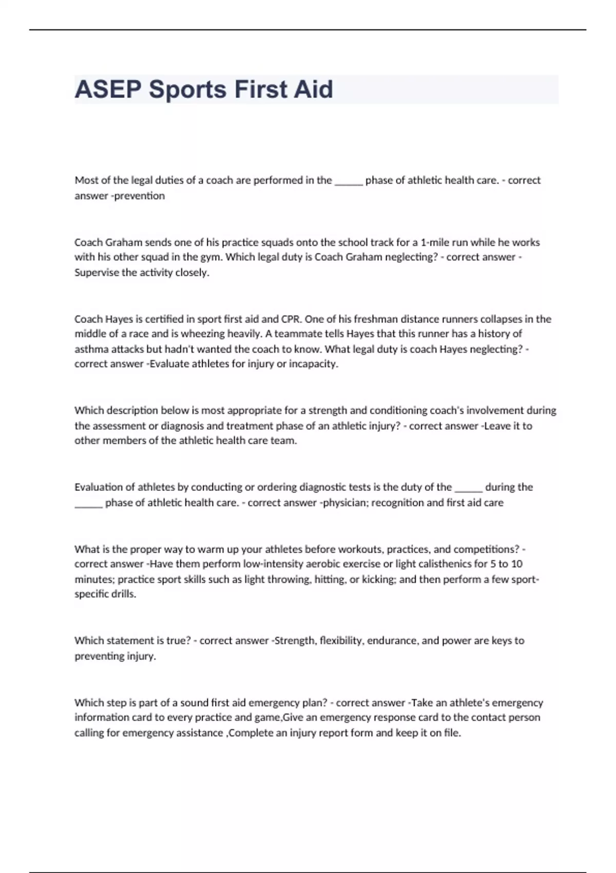 ASEP Sports First Aid exam 2023 with 1005 correct answers ASEP