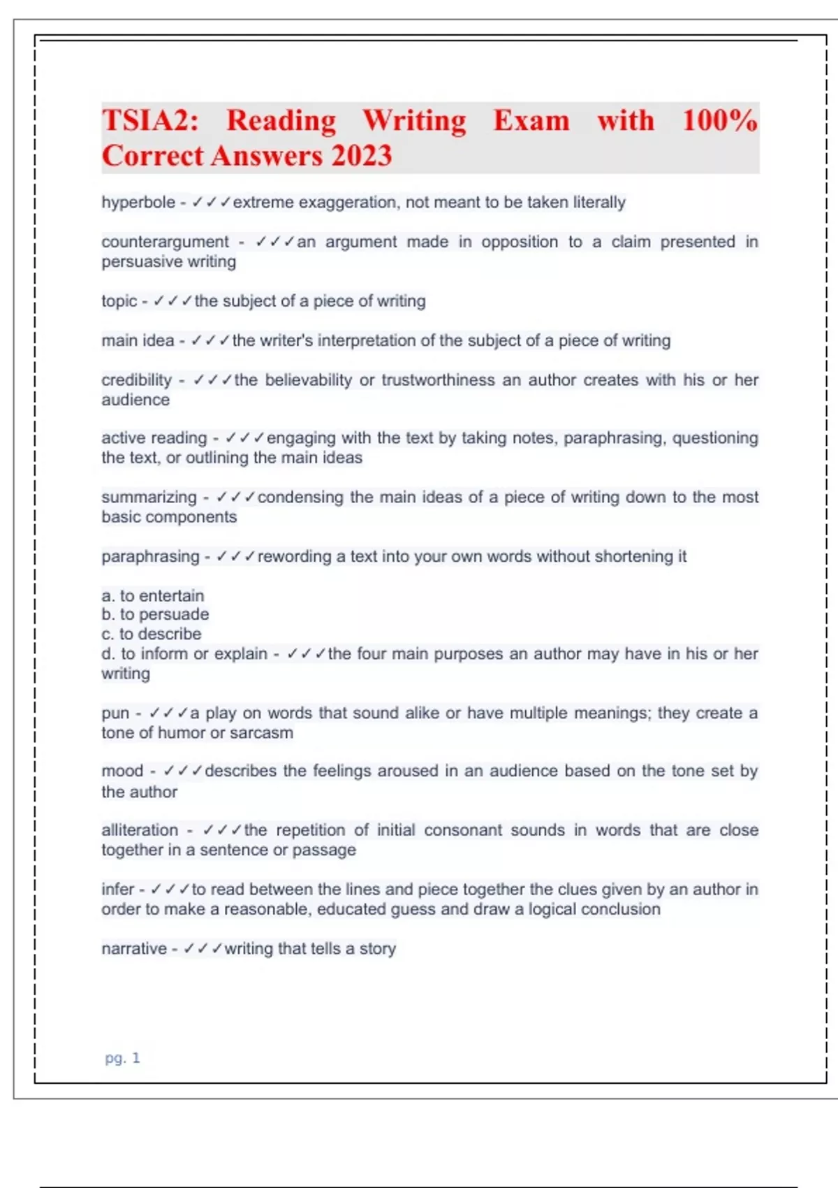 TSIA2 Reading Writing Exam with 100 Correct Answers 2023 TSIA2 Reading Stuvia US