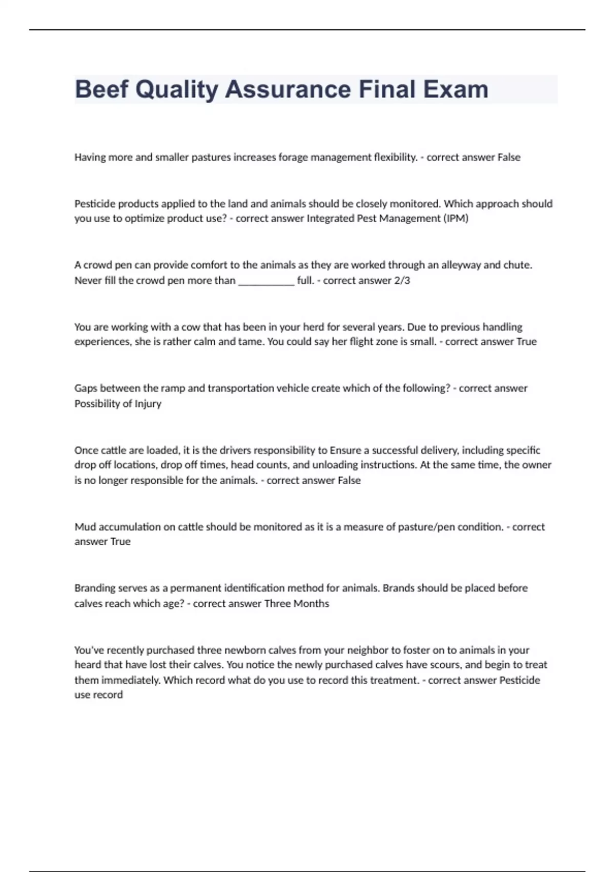 Beef Quality Assurance Final Exam 2023 already passed BQA Stuvia US