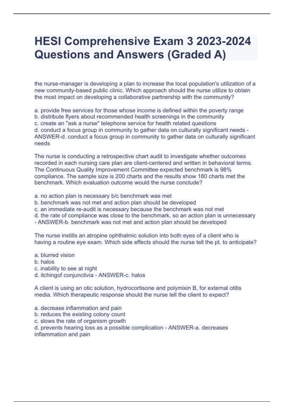 HESI Comprehensive Exam Questions and Answers (Graded A) - HESI ...