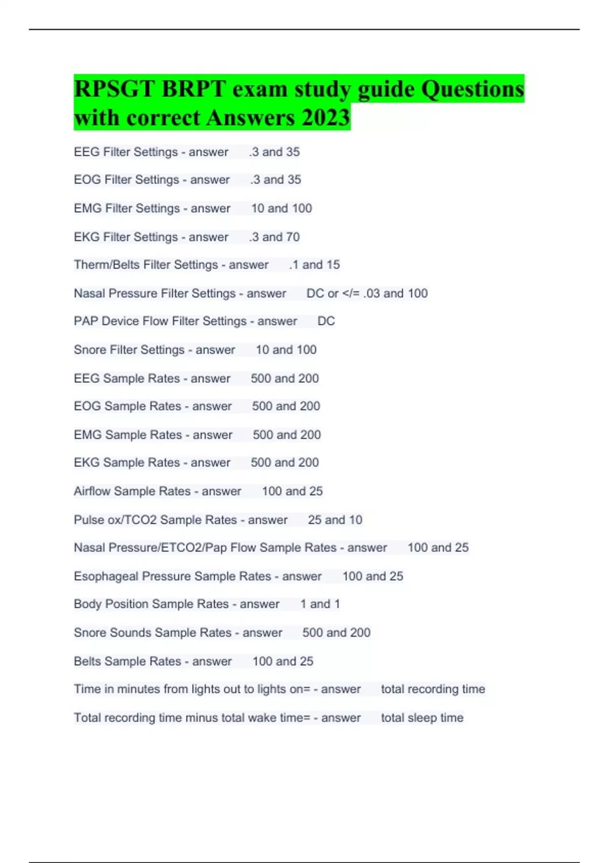 RPSGT BRPT exam study guide Questions with correct Answers 2023 Rpsgt