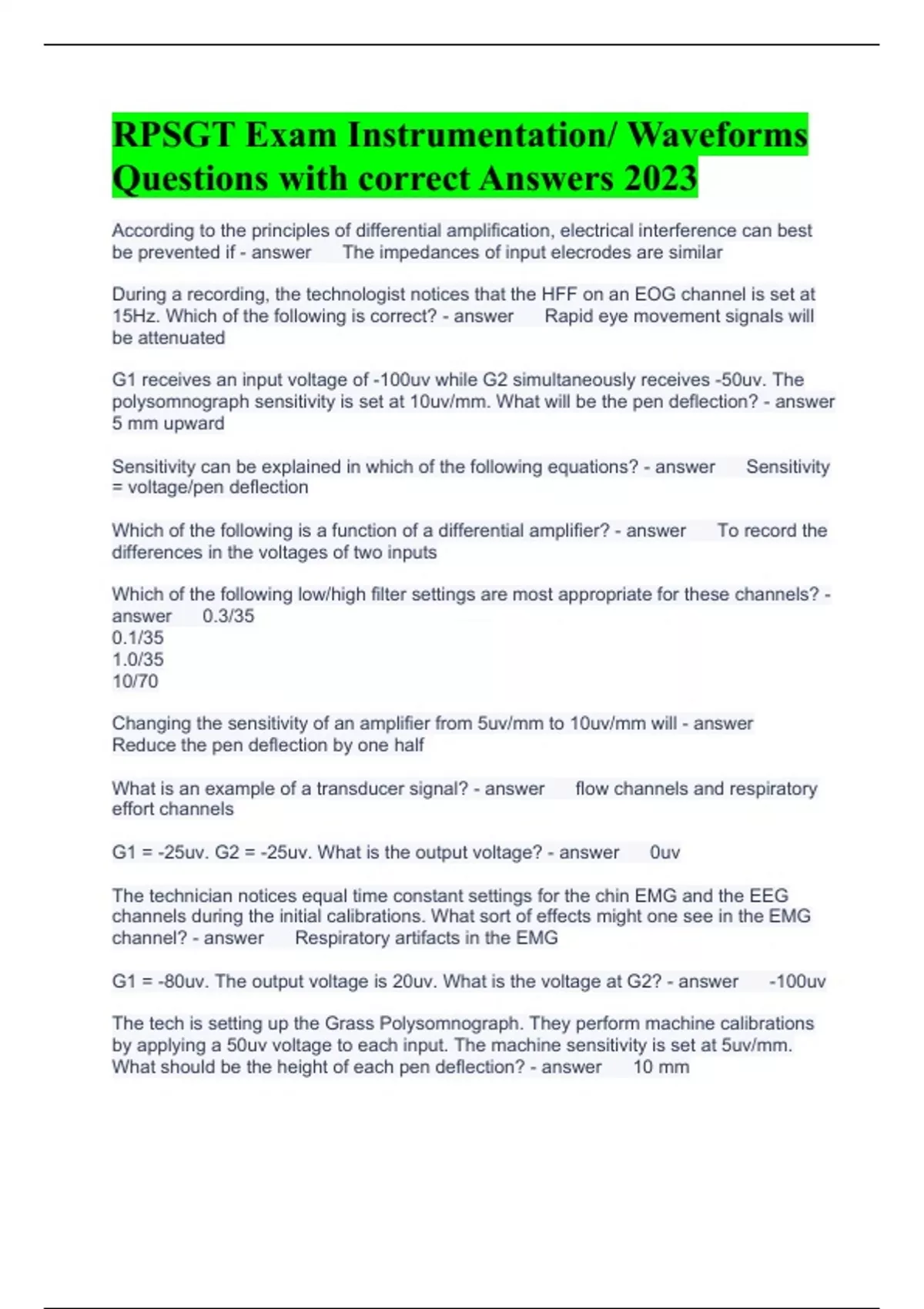 RPSGT Exam Instrumentation/ Waveforms Questions with correct Answers