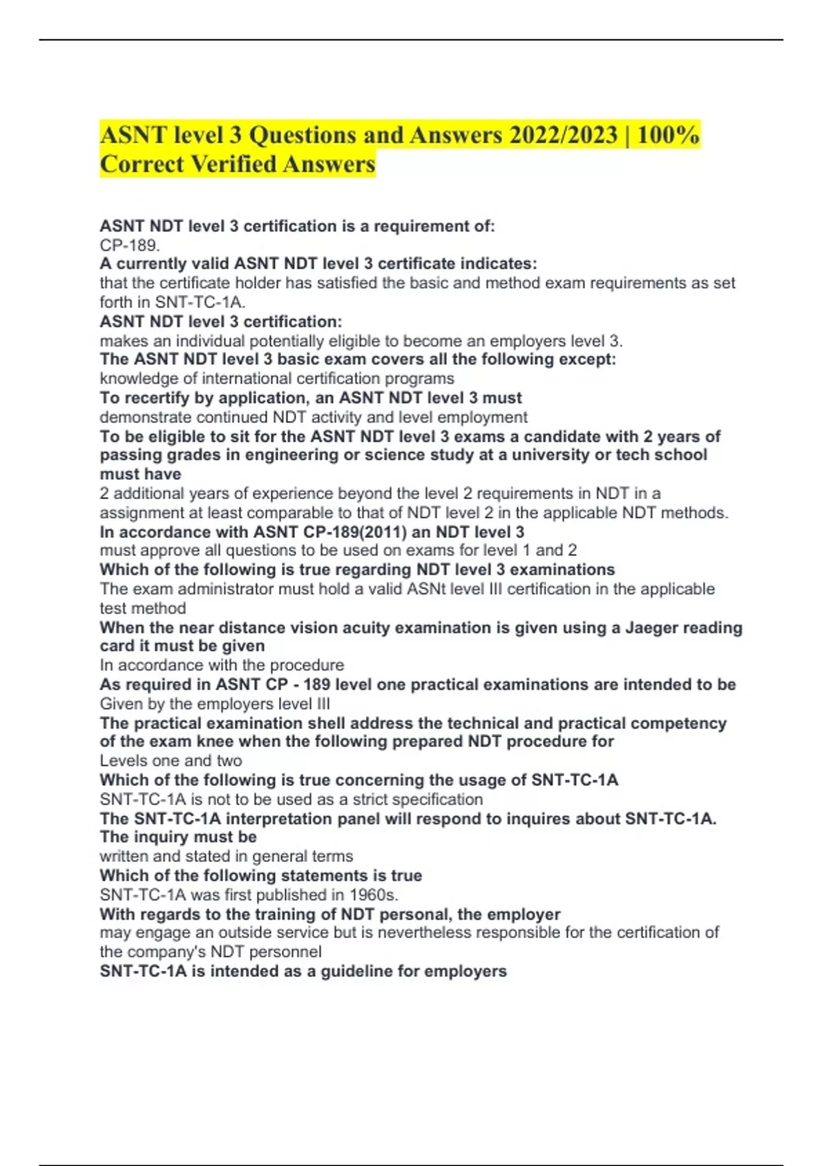 ASNT level 3 Questions and Answers 2022/2023 100 Correct Verified