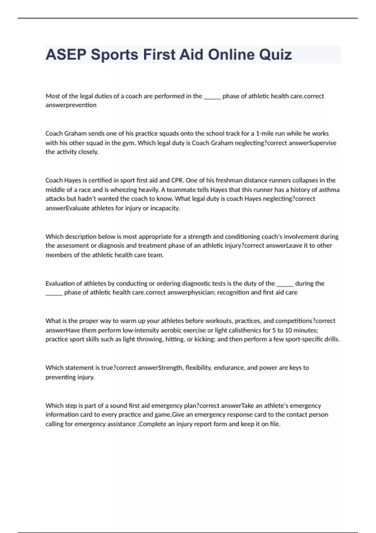 ASEP Sports First Aid Online Quiz with correct answers ASEP Sports