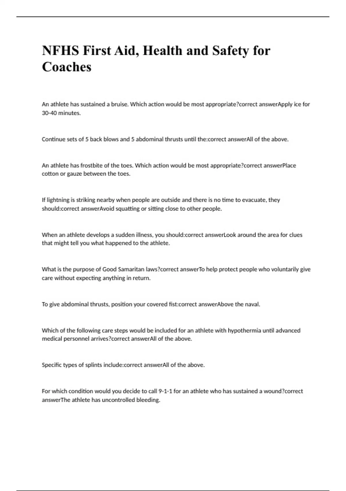 NFHS First Aid, Health and Safety for Coaches exam 2023 questions with