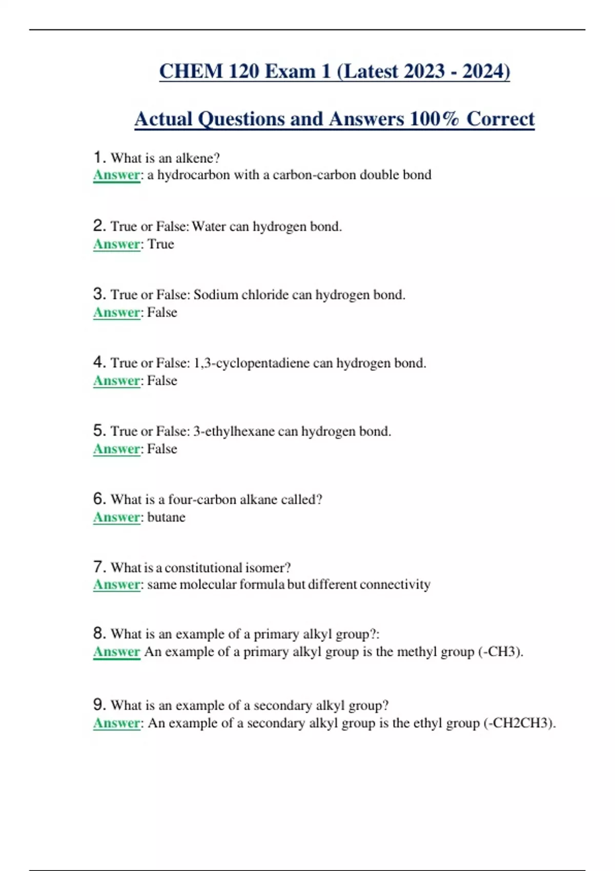 CHEM 120 Exams Set ( Exam 1, 2 ) (Latest ) Actual Questions and Answers ...