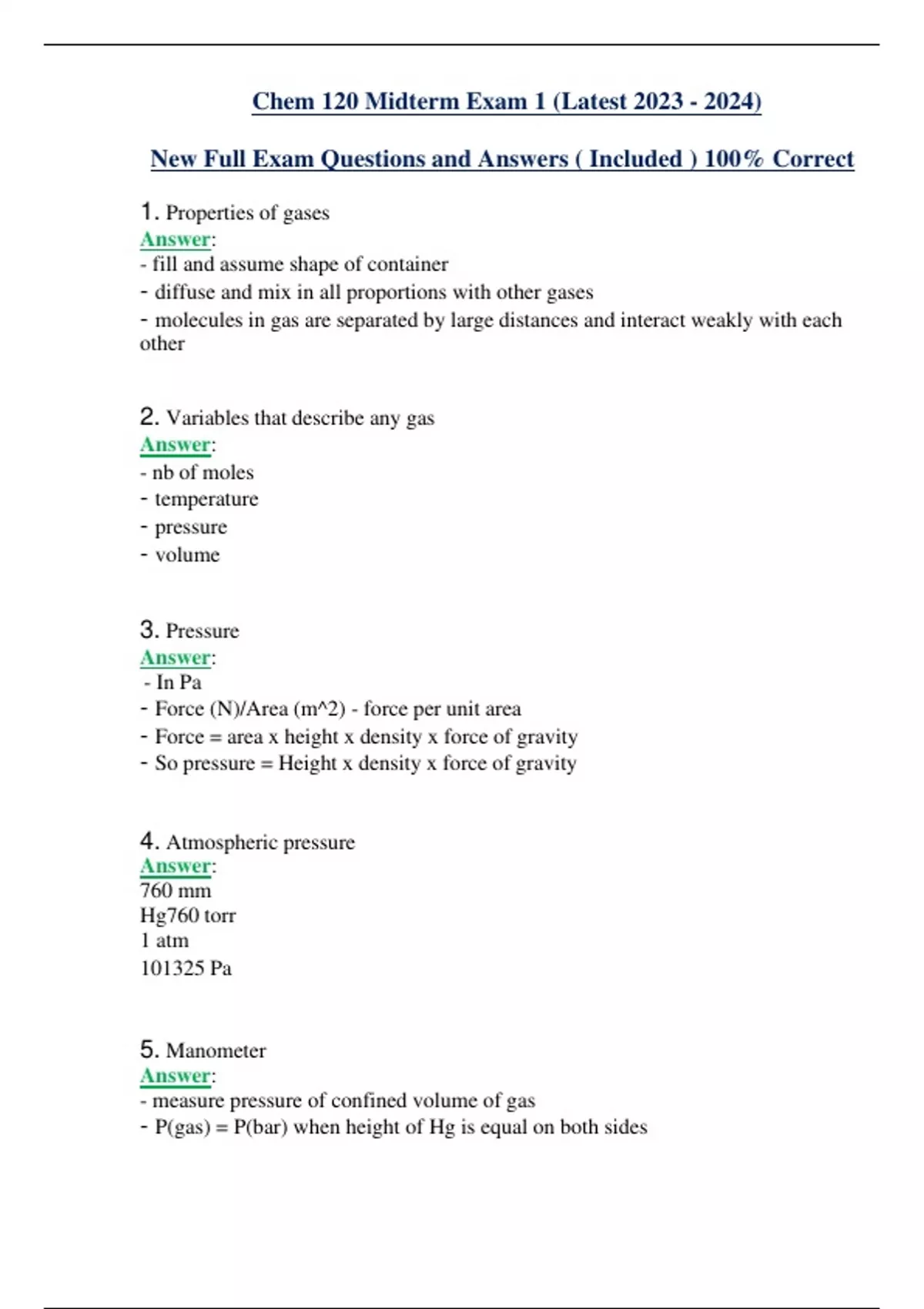 Chem 120 Midterm Exam 1 Latest New Full Exam Questions And Answers