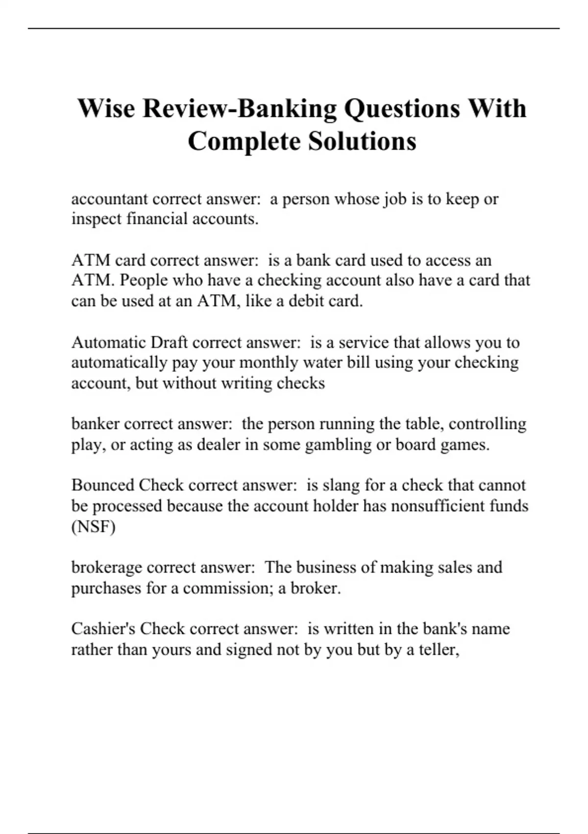 Wise Review-Banking Questions With Complete Solutions - WISE - Stuvia US