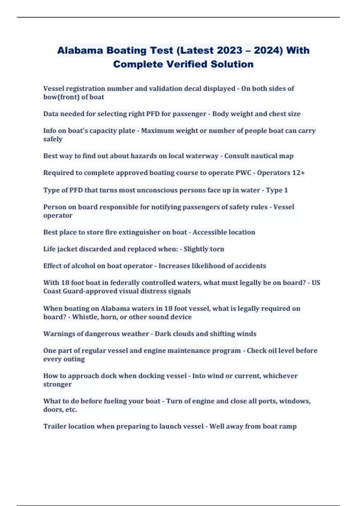 Alabama Boating Test (Latest 2023 2024) With Complete Verified