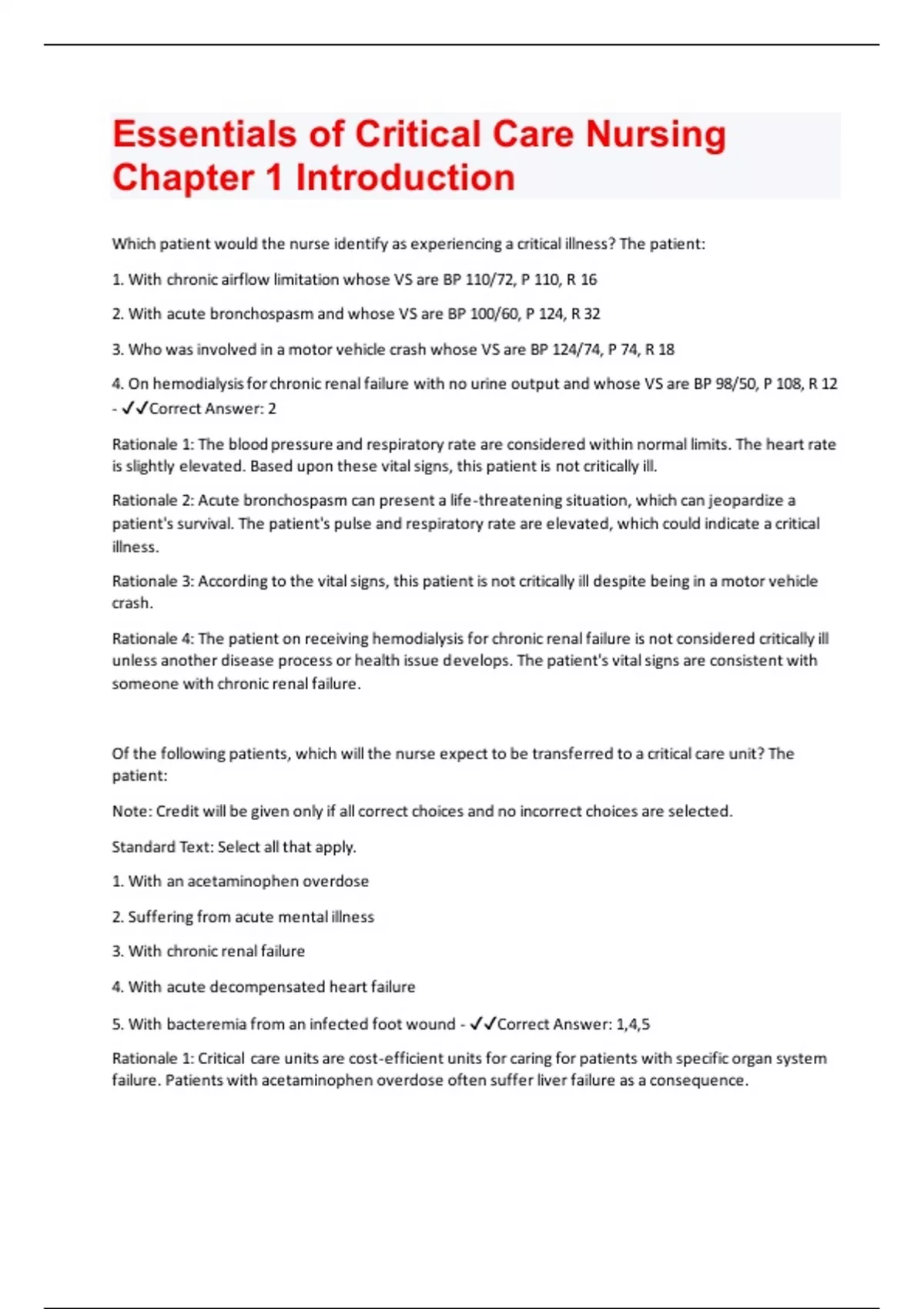 Essentials of Critical Care Nursing Chapter 1 Introduction | Questions ...