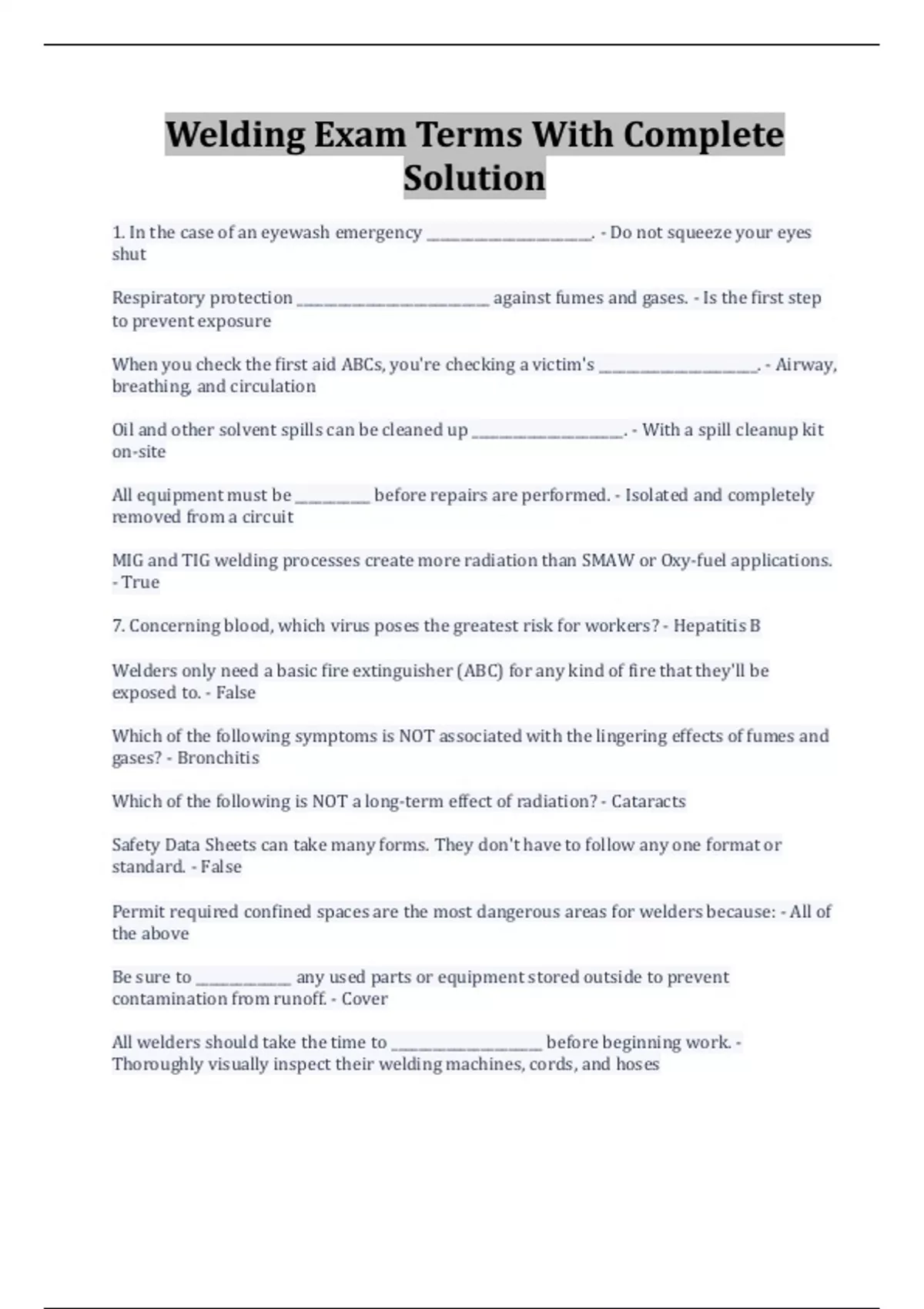 Welding Exam Terms With Complete Solution Welding Stuvia US