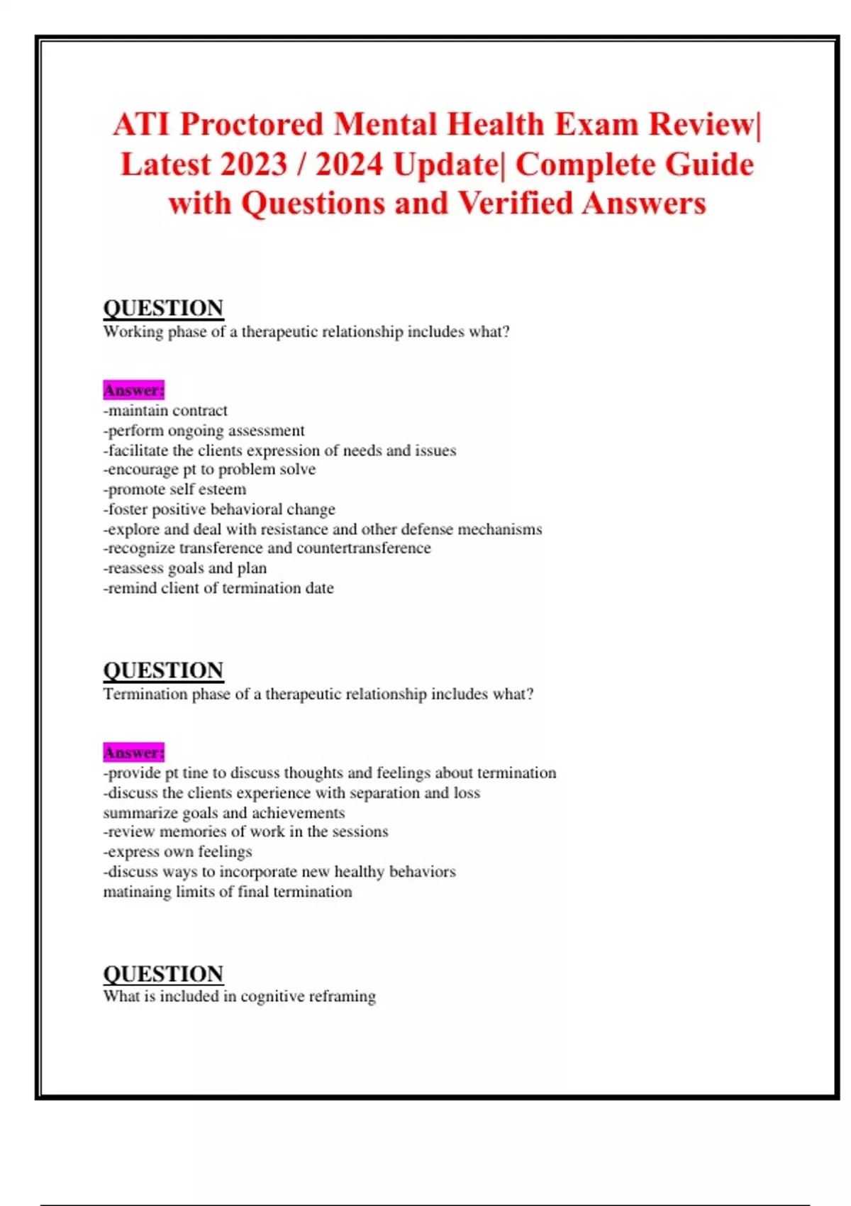 ATI Proctored Mental Health Exam Review Latest 2023 / 2024 Update
