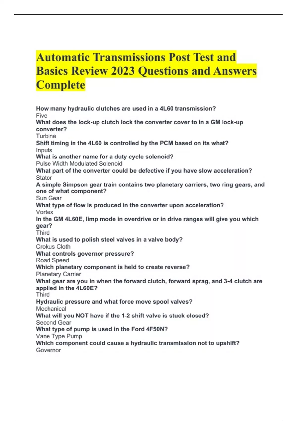 Automatic Transmissions Post Test and Basics Review 2023 Questions and