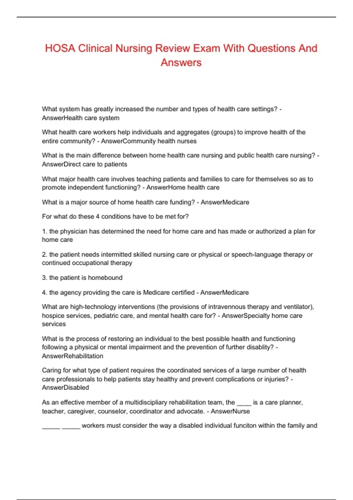 HOSA Clinical Nursing Review Exam With Questions And Answers HOSA