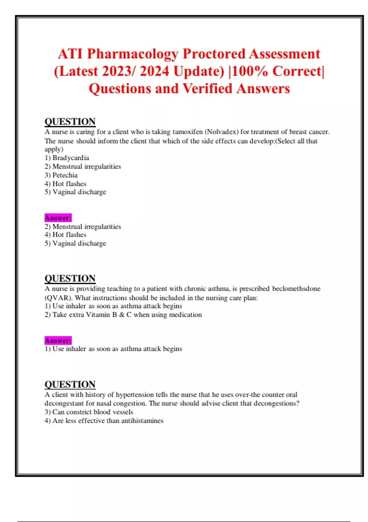 ATI Pharmacology Proctored Assessment (Latest 2023/ 2024 Update) 100