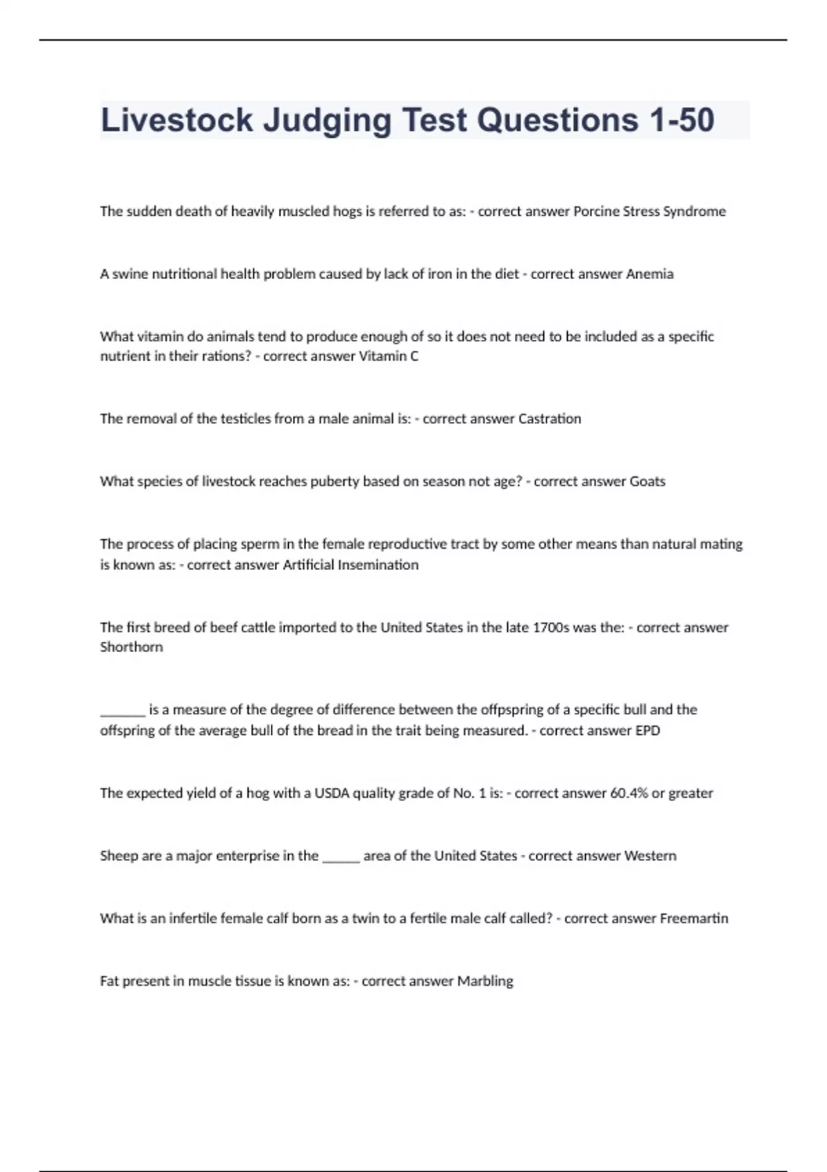 Livestock Judging Test Questions 150 fully solved 2023 passed