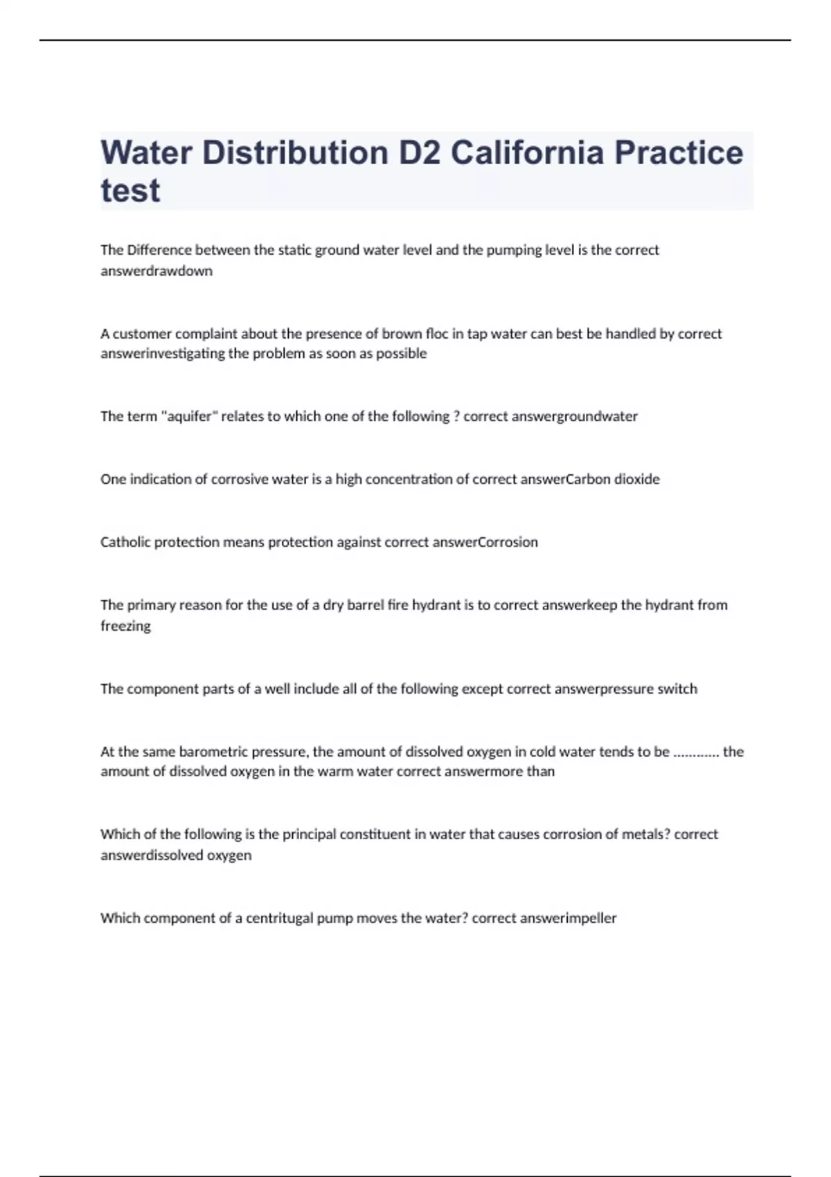 Water Distribution exam 2023 with 100 correct answers Water