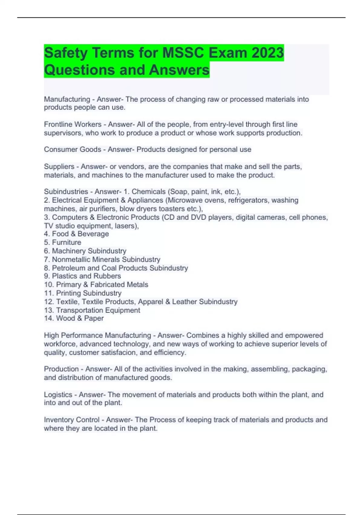 Safety Terms for MSSC Exam 2023 Questions and Answers Safety Terms for MSSC Stuvia US