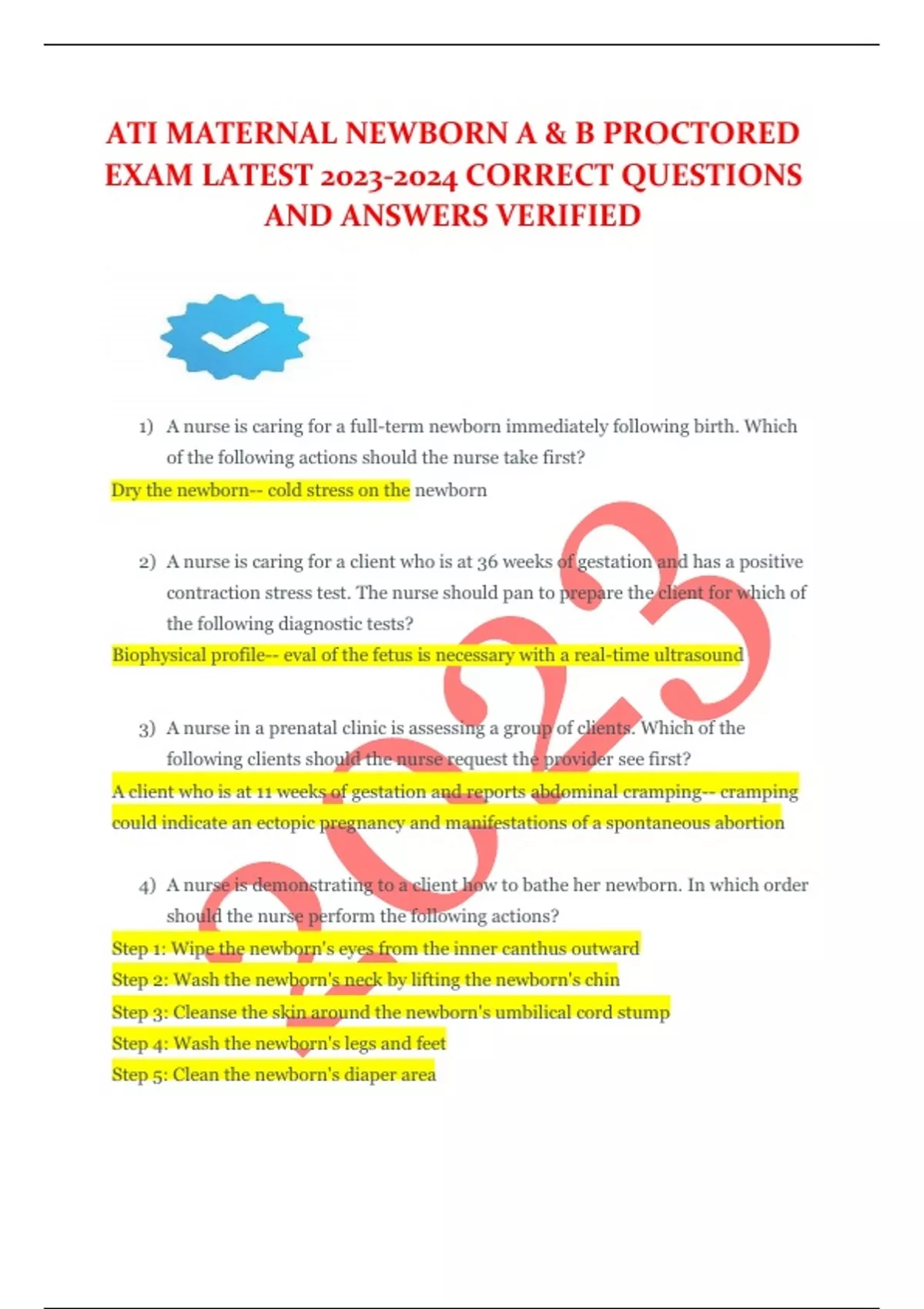 ATI Maternal Newborn () Proctored ACTUAL EXAM Questions and Verified ...