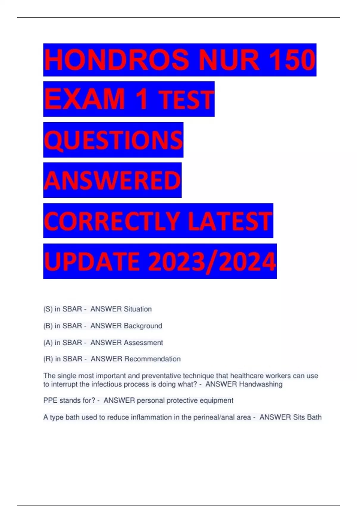 HONDROS NUR 150 EXAM 1 TEST QUESTIONS ANSWERED CORRECTLY LATEST UPDATE ...