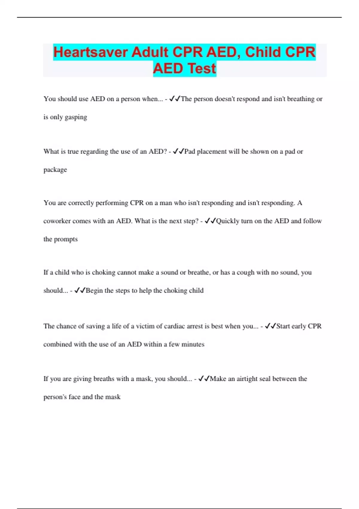 Heartsaver Adult CPR AED, Child CPR AED Test 2023 Questions with 100 Correct Answers