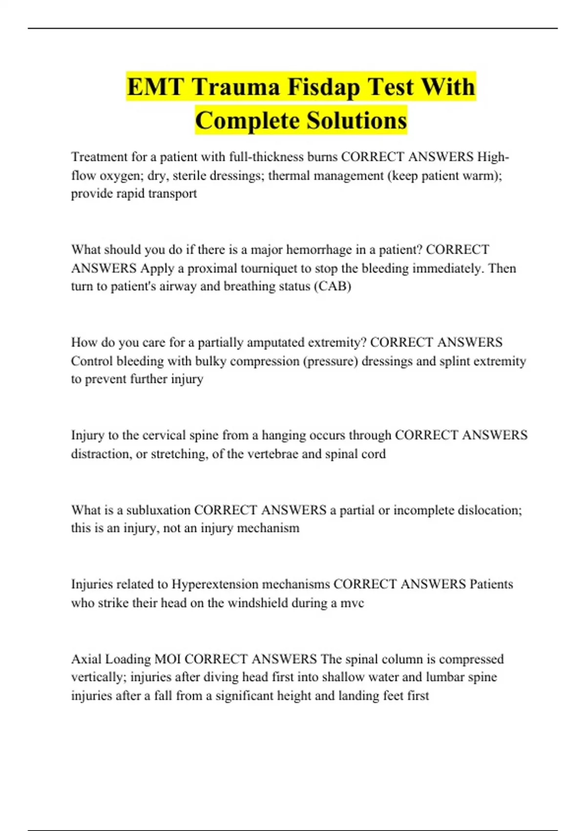 EMT Trauma Fisdap Test With Complete Solutions Trauma fisdap Stuvia US